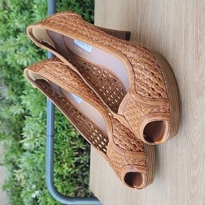 FRATELLI ROSSETTI Woven Platform Heels Peep Toe Tan Leather EU 39 Made in Italy